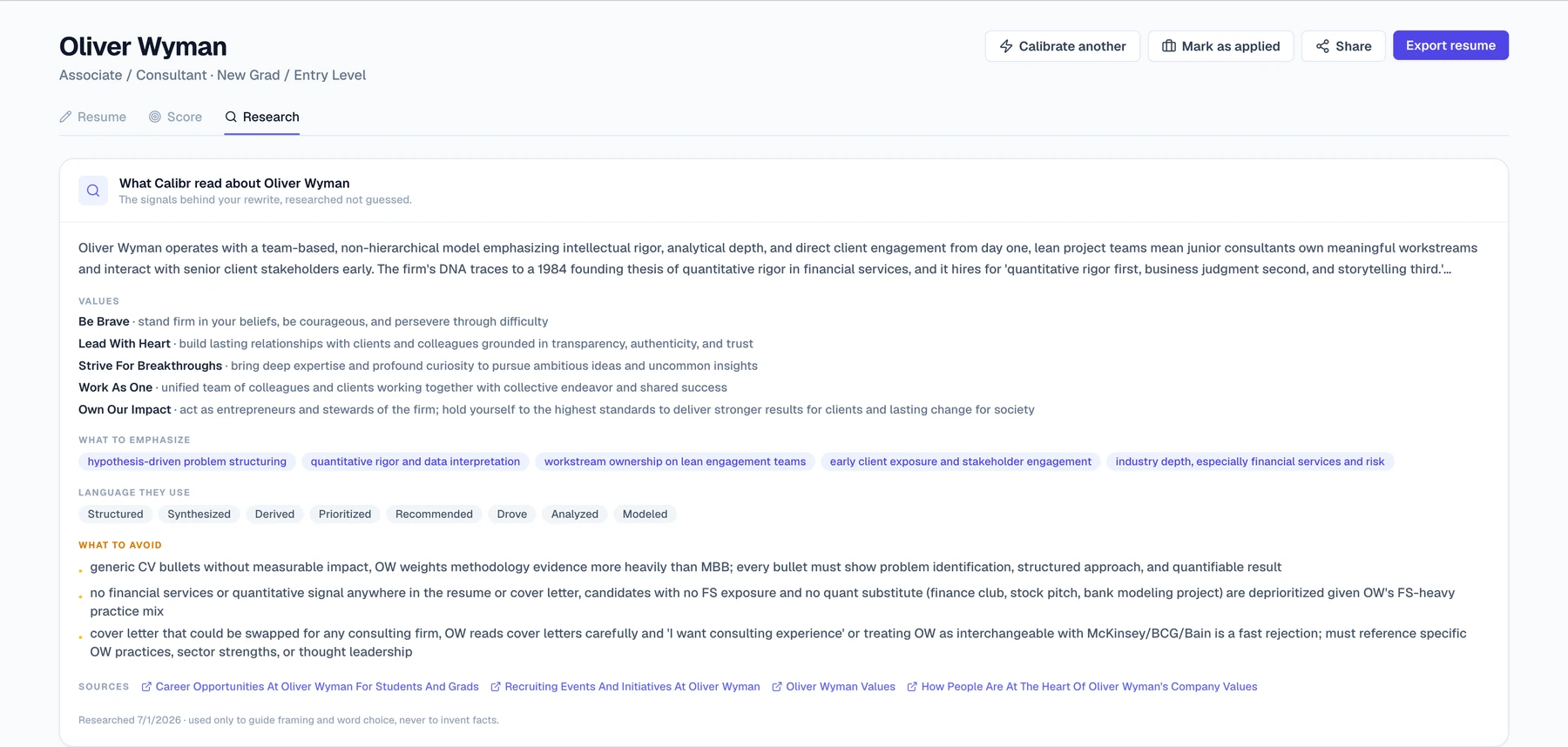 Calibr's research panel for a target firm: its stated values, what to emphasise, and the language it uses, each drawn from cited sources.