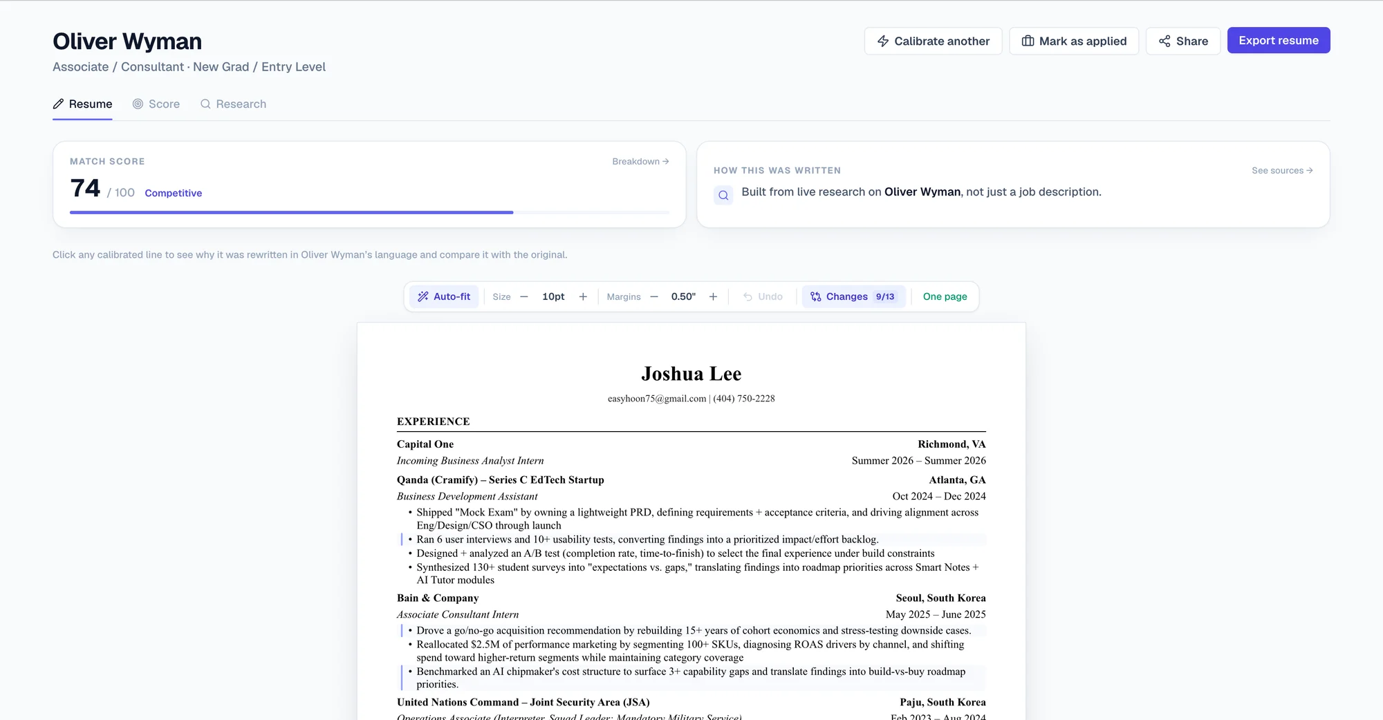 Calibr's result view for Oliver Wyman: a match score of 74 out of 100 and a counter showing 9 of 13 lines changed.